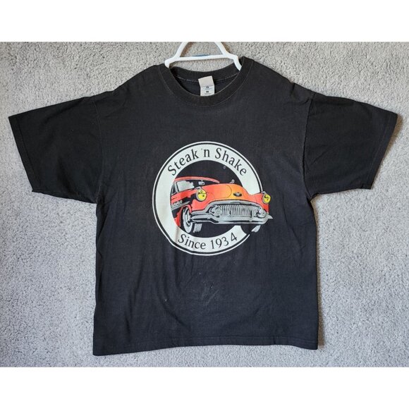 VTG 90s Steak N' Shake Fast Food Burgers Hotrod Promo Black T Shirt Size Large - Picture 2 of 16